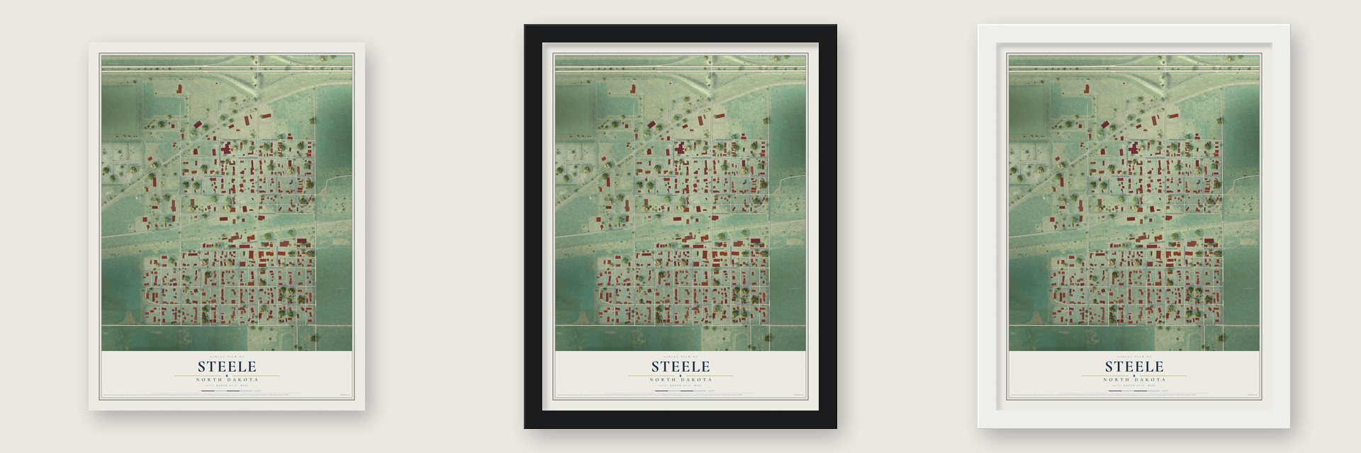 Steele, North Dakota map unframed, in a black wood frame and in a white wood frame