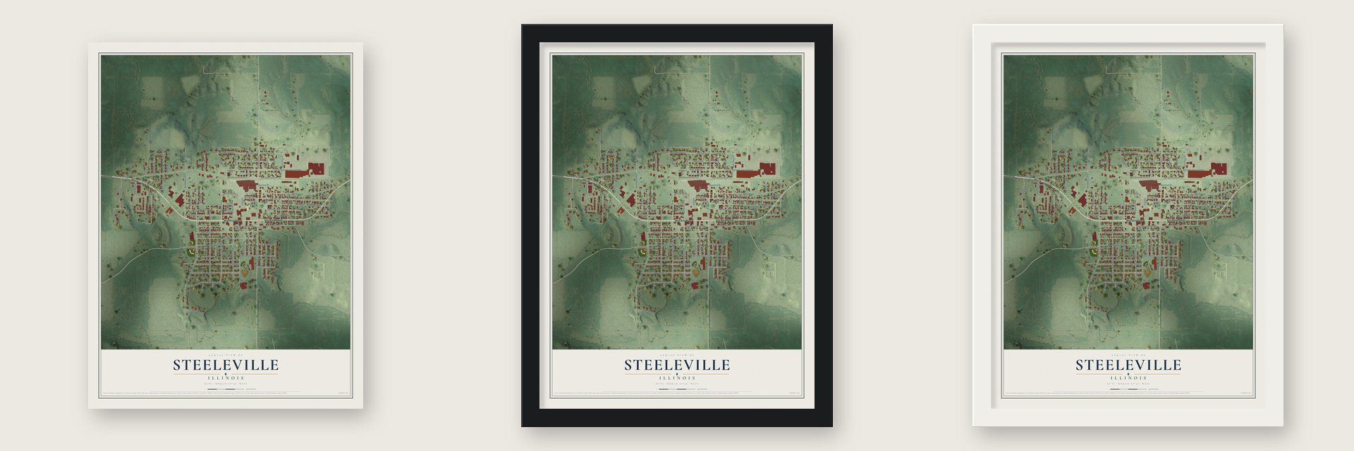 Steeleville, Illinois map unframed, in a black wood frame and in a white wood frame