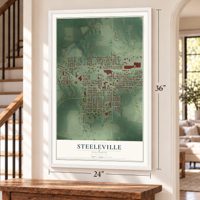 Steeleville, Illinois map, 24 x 36 inch print in a white frame by a staircase