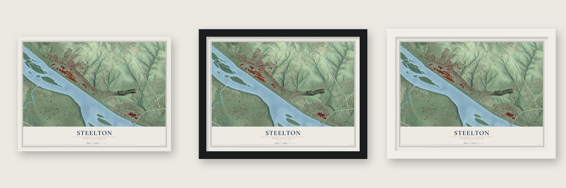 Steelton, Pennsylvania map unframed, in a black wood frame and in a white wood frame