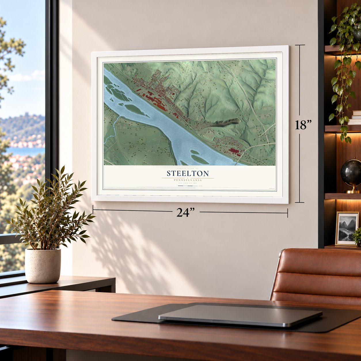 Steelton, Pennsylvania map, 18 x 24 inch print in a white frame in a home office