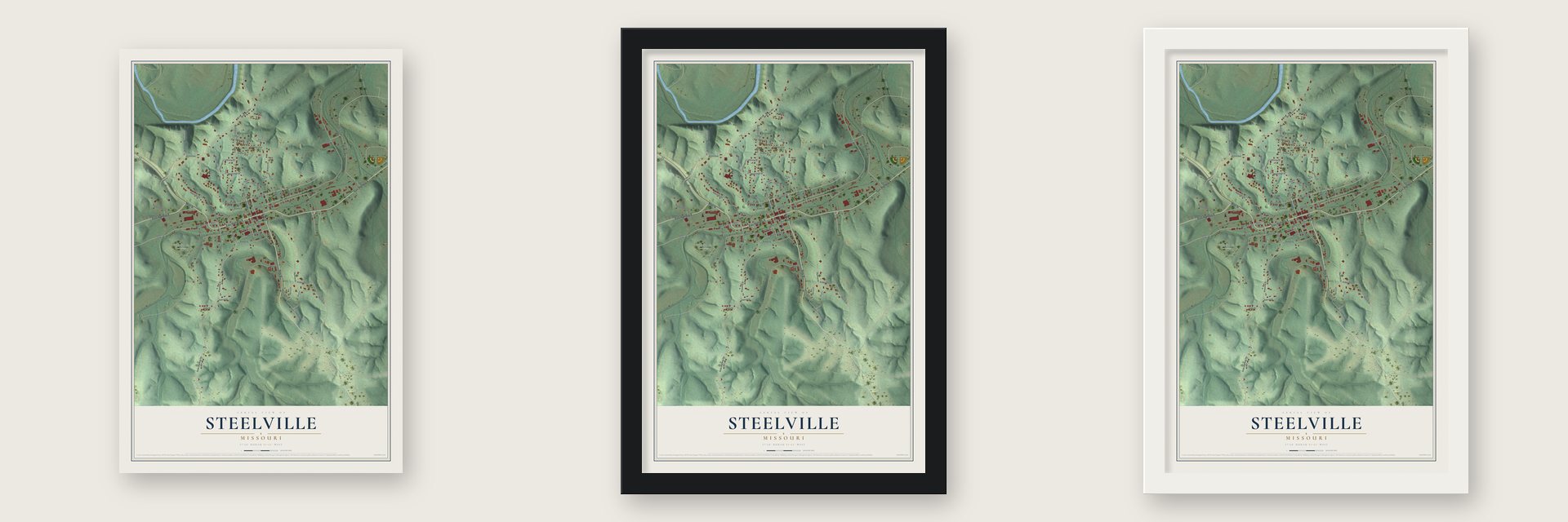 Steelville, Missouri map unframed, in a black wood frame and in a white wood frame
