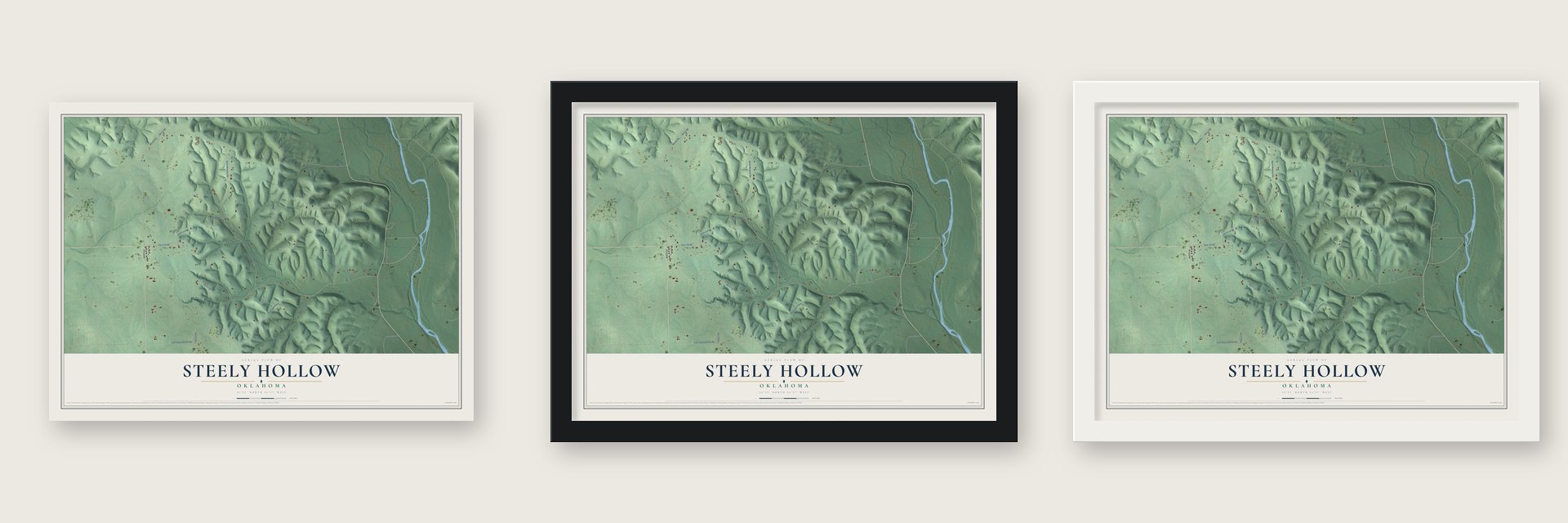 Steely Hollow, Oklahoma map unframed, in a black wood frame and in a white wood frame