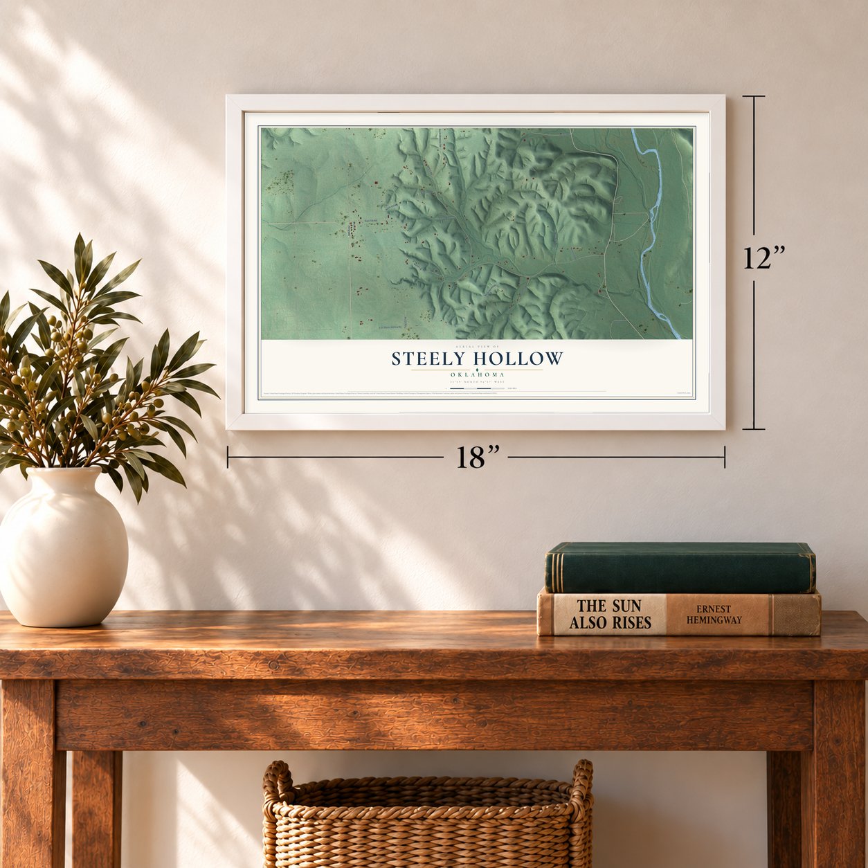Steely Hollow, Oklahoma map, 12 x 18 inch print in a white frame in an entryway