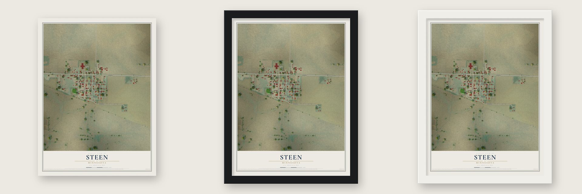 Steen, Minnesota map unframed, in a black wood frame and in a white wood frame
