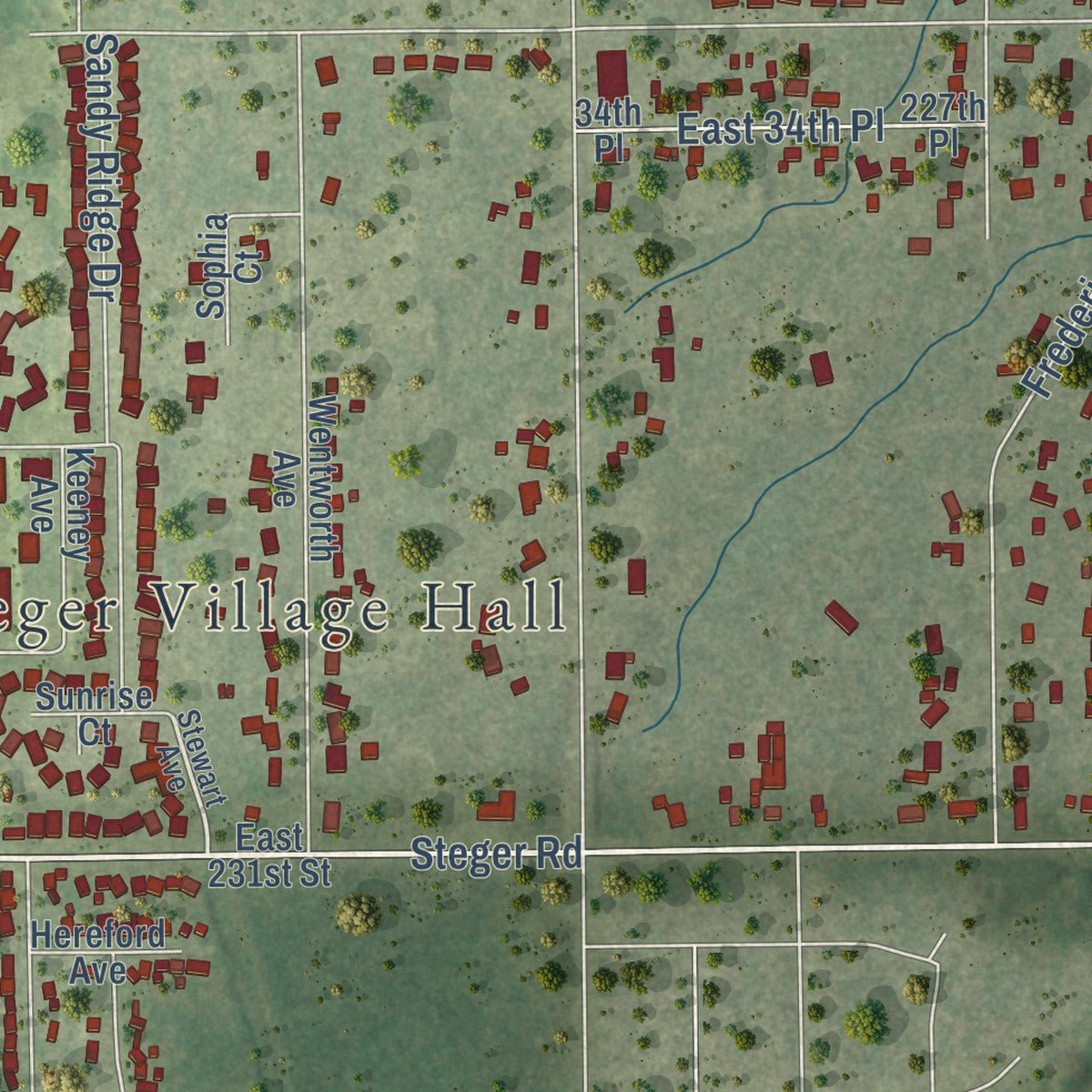 Second close-up of the map of Steger, Illinois print showing more streets and buildings