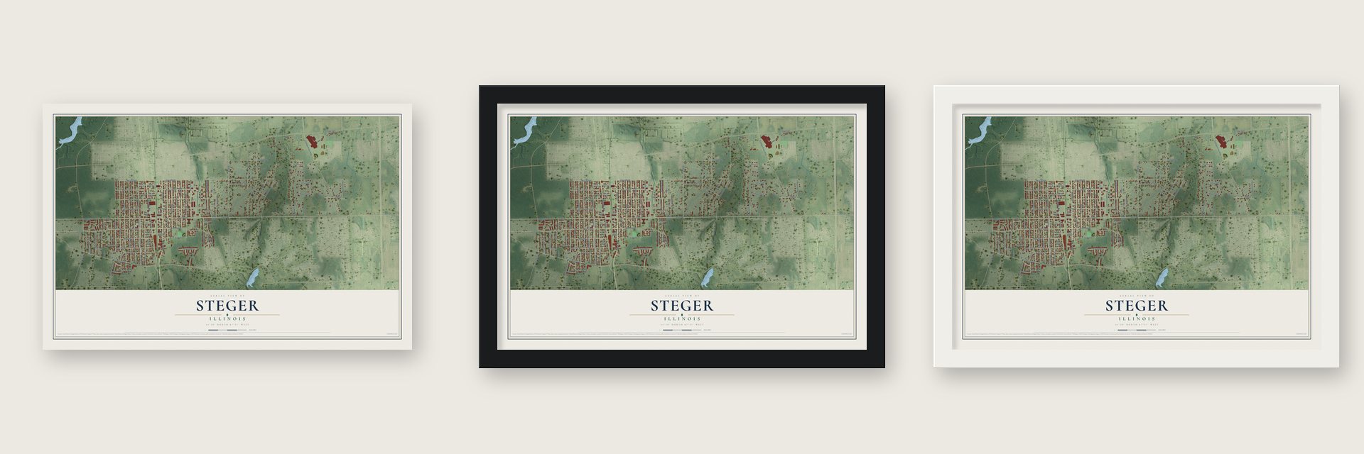 Steger, Illinois map unframed, in a black wood frame and in a white wood frame