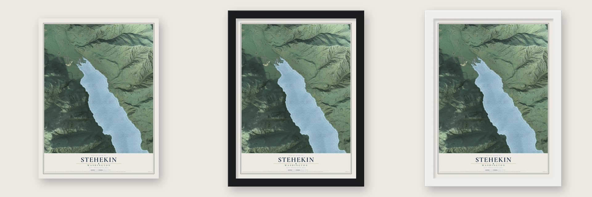 Stehekin, Washington map unframed, in a black wood frame and in a white wood frame