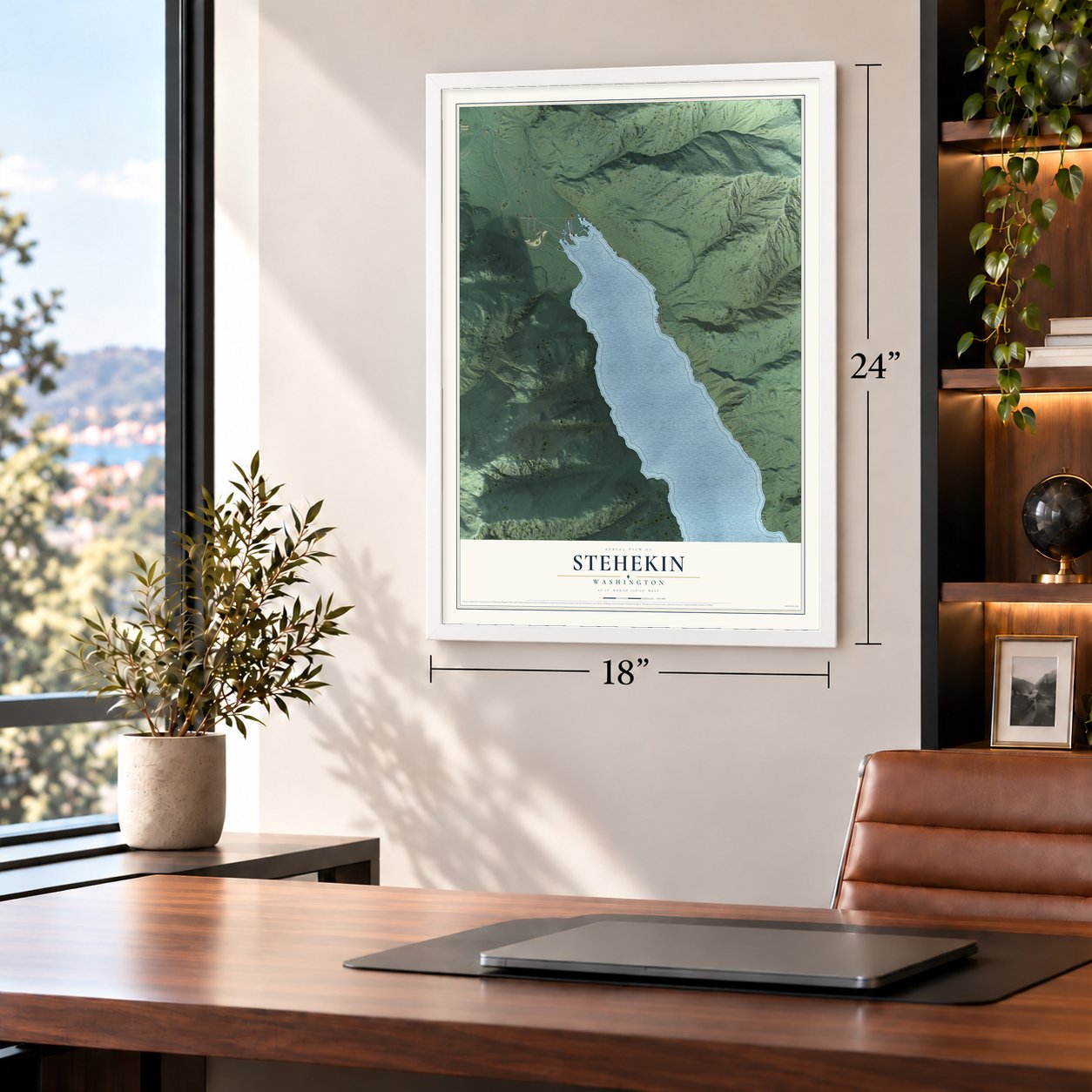 Stehekin, Washington map, 18 x 24 inch print in a white frame in a home office