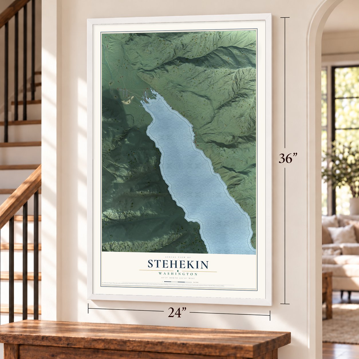 Stehekin, Washington map, 24 x 36 inch print in a white frame by a staircase