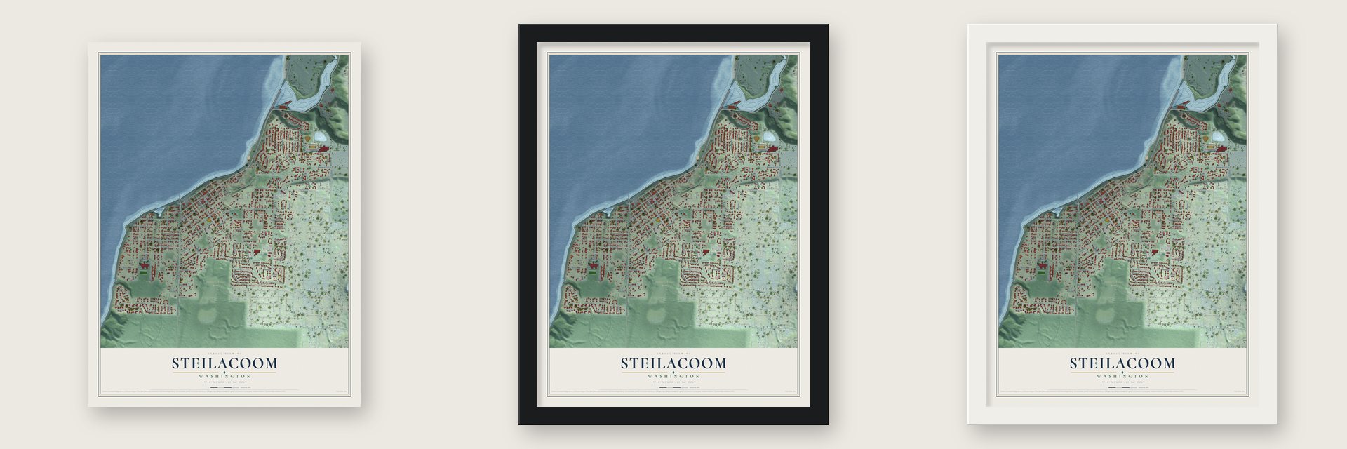 Steilacoom, Washington map unframed, in a black wood frame and in a white wood frame