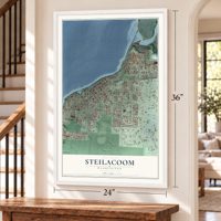 Steilacoom, Washington map, 24 x 36 inch print in a white frame by a staircase