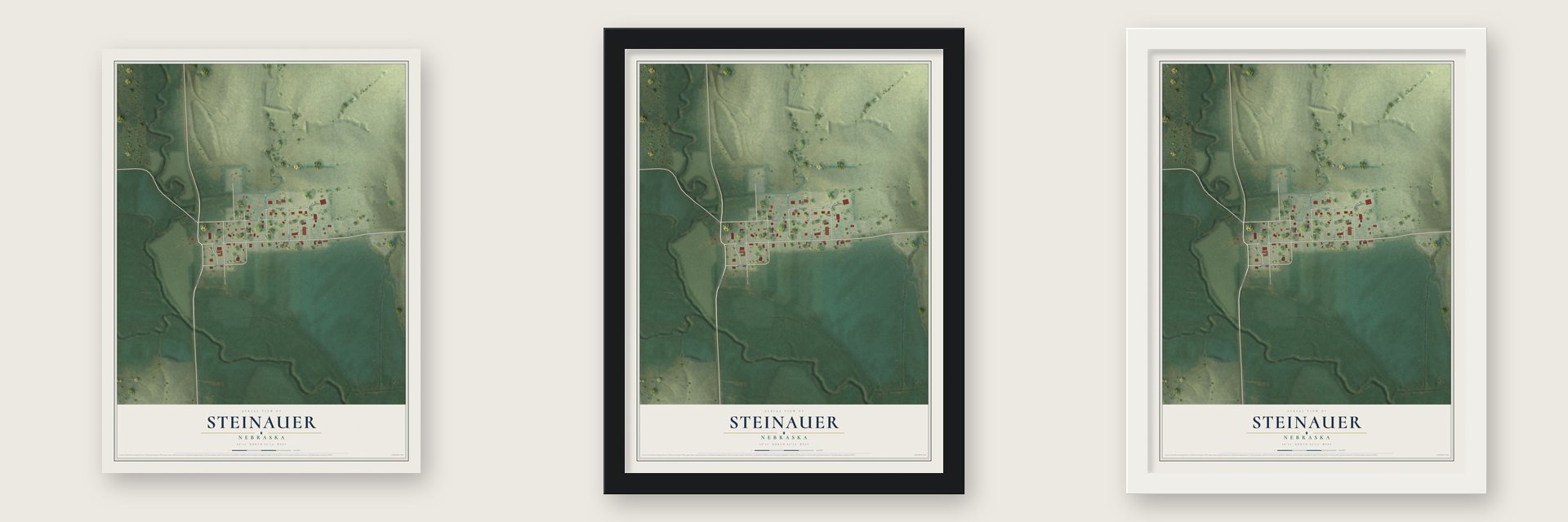 Steinauer, Nebraska map unframed, in a black wood frame and in a white wood frame