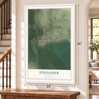 Steinauer, Nebraska map, 24 x 36 inch print in a white frame by a staircase