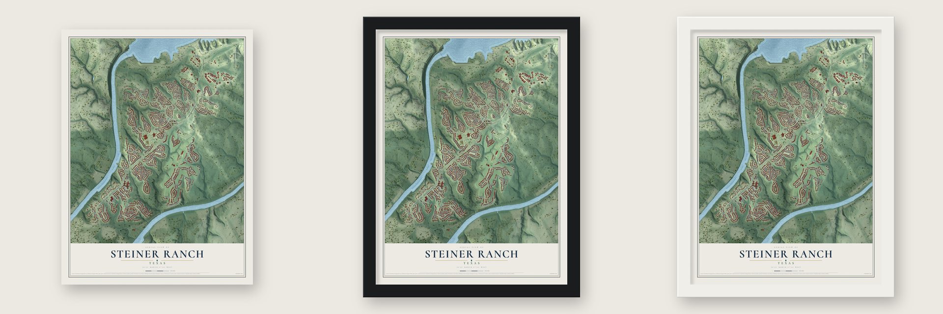 Steiner Ranch, Texas map unframed, in a black wood frame and in a white wood frame