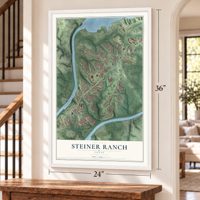 Steiner Ranch, Texas map, 24 x 36 inch print in a white frame by a staircase