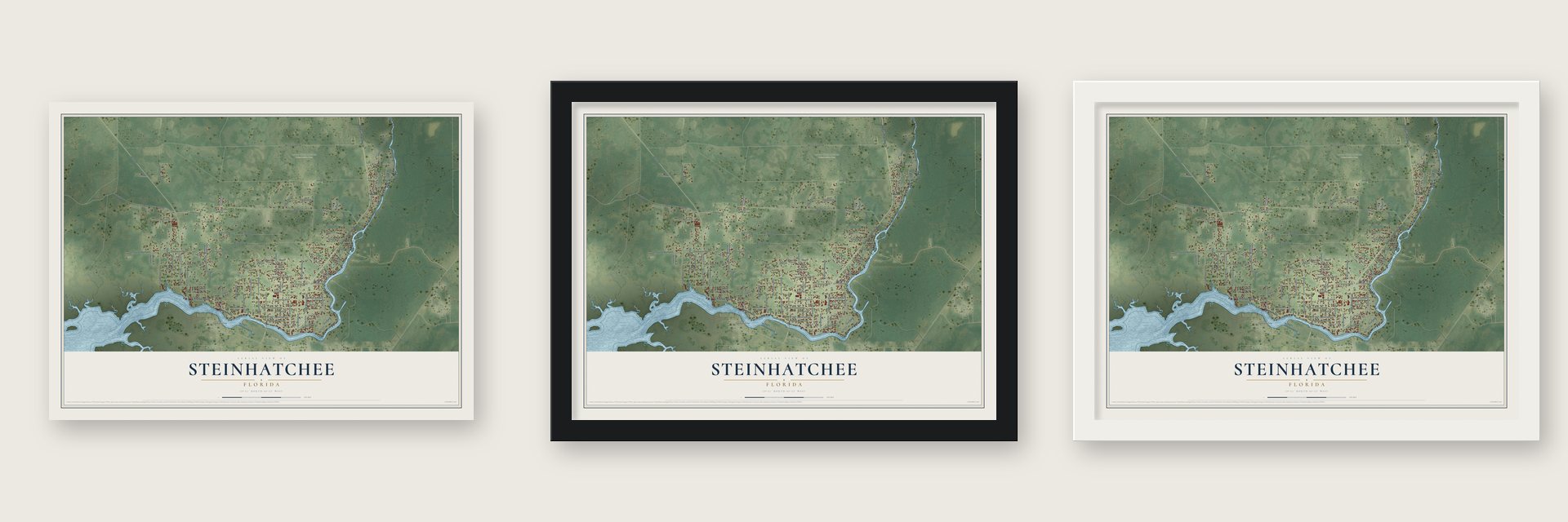 Steinhatchee, Florida map unframed, in a black wood frame and in a white wood frame