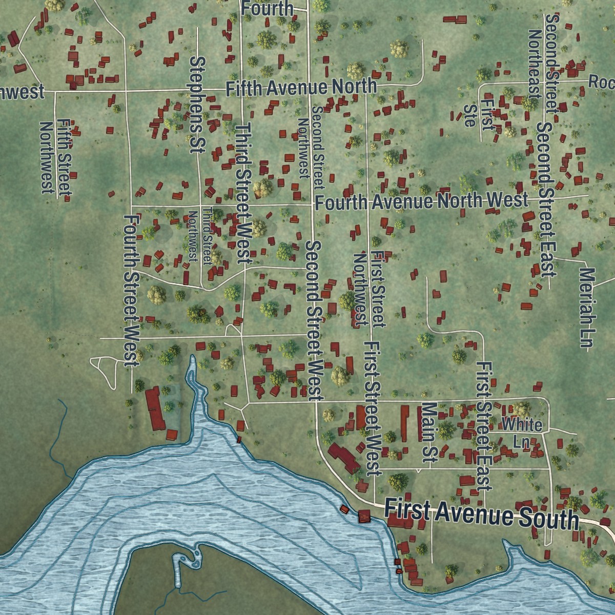 Second close-up of the map of Steinhatchee, Florida print showing more streets and buildings