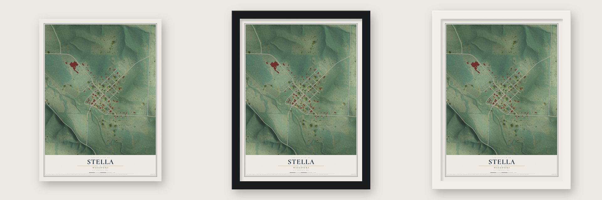 Stella, Missouri map unframed, in a black wood frame and in a white wood frame