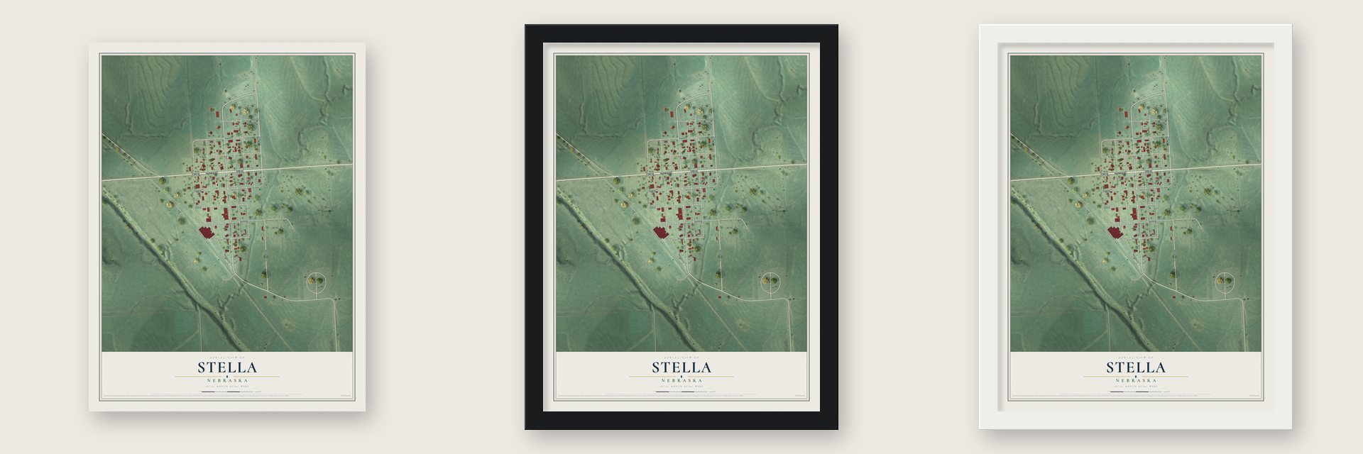 Stella, Nebraska map unframed, in a black wood frame and in a white wood frame