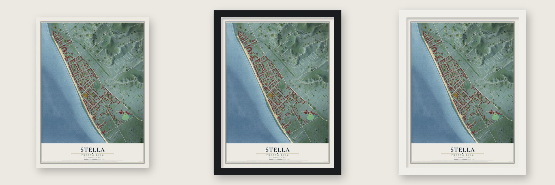Stella, Puerto Rico map unframed, in a black wood frame and in a white wood frame