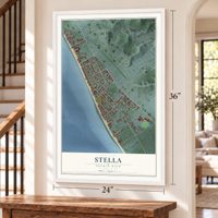 Stella, Puerto Rico map, 24 x 36 inch print in a white frame by a staircase