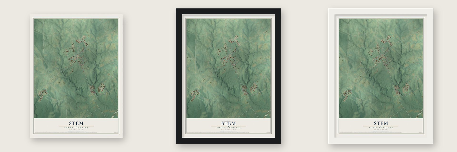 Stem, North Carolina map unframed, in a black wood frame and in a white wood frame