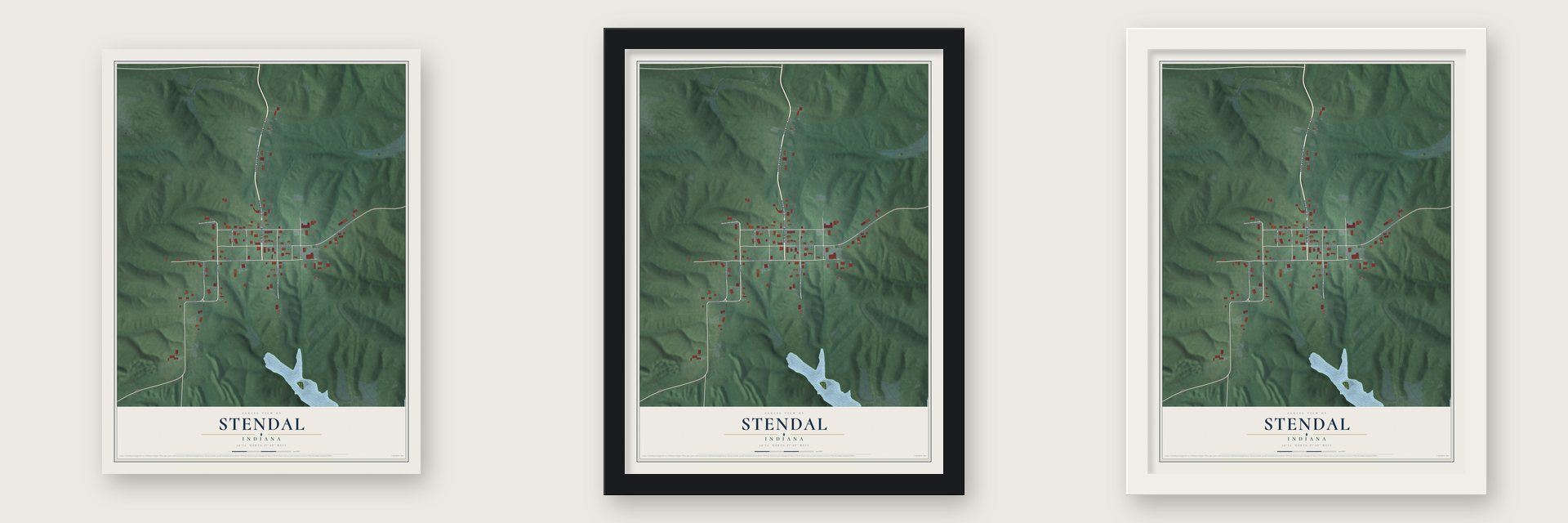 Stendal, Indiana map unframed, in a black wood frame and in a white wood frame