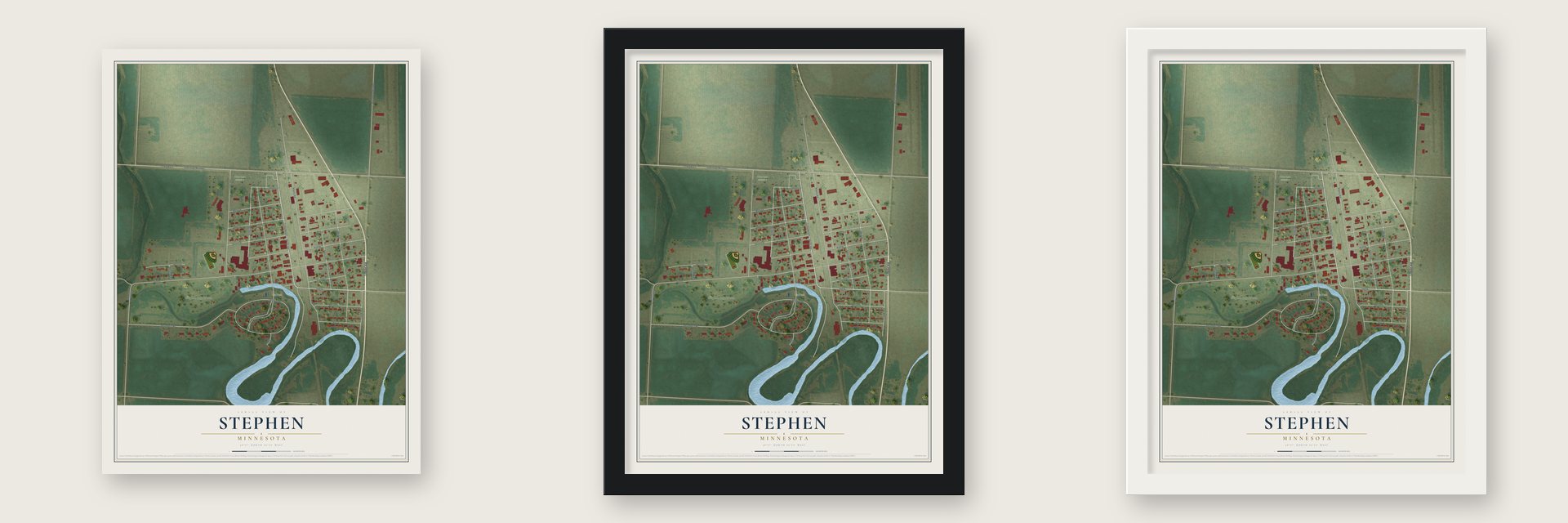Stephen, Minnesota map unframed, in a black wood frame and in a white wood frame