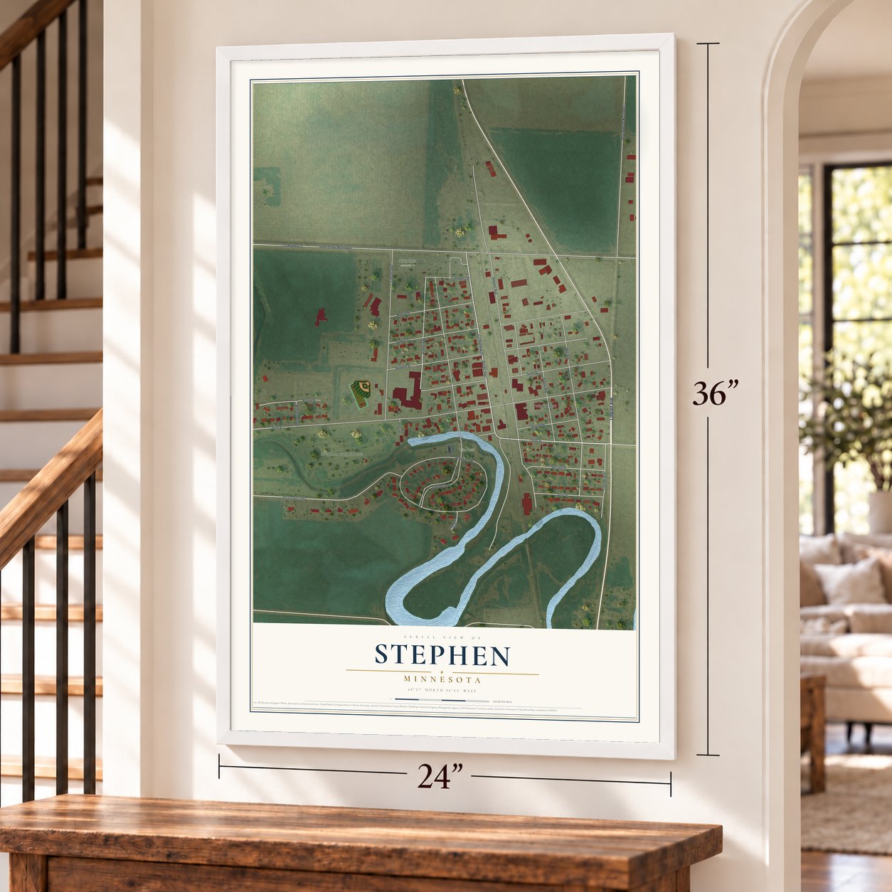 Stephen, Minnesota map, 24 x 36 inch print in a white frame by a staircase