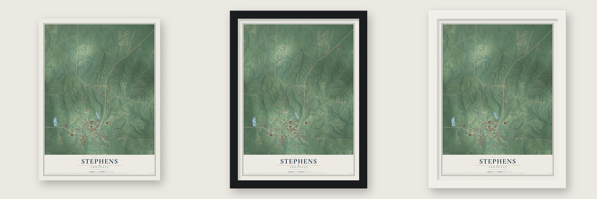Stephens, Arkansas map unframed, in a black wood frame and in a white wood frame