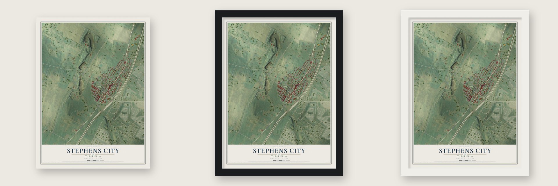 Stephens City, Virginia map unframed, in a black wood frame and in a white wood frame