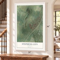 Stephens City, Virginia map, 24 x 36 inch print in a white frame by a staircase