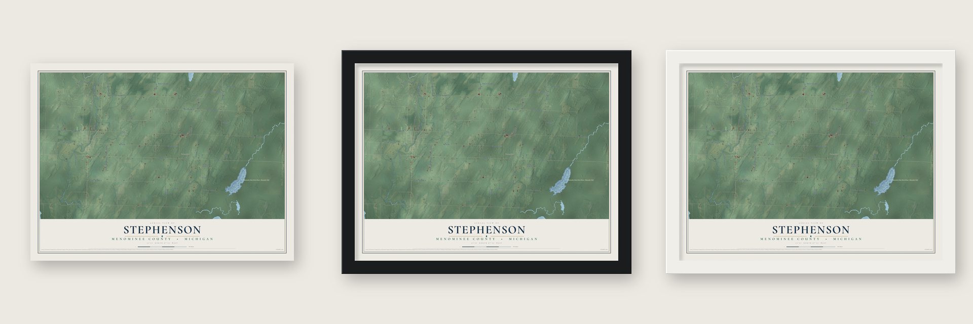 Stephenson, Menominee County, Michigan map unframed, in a black wood frame and in a white wood frame