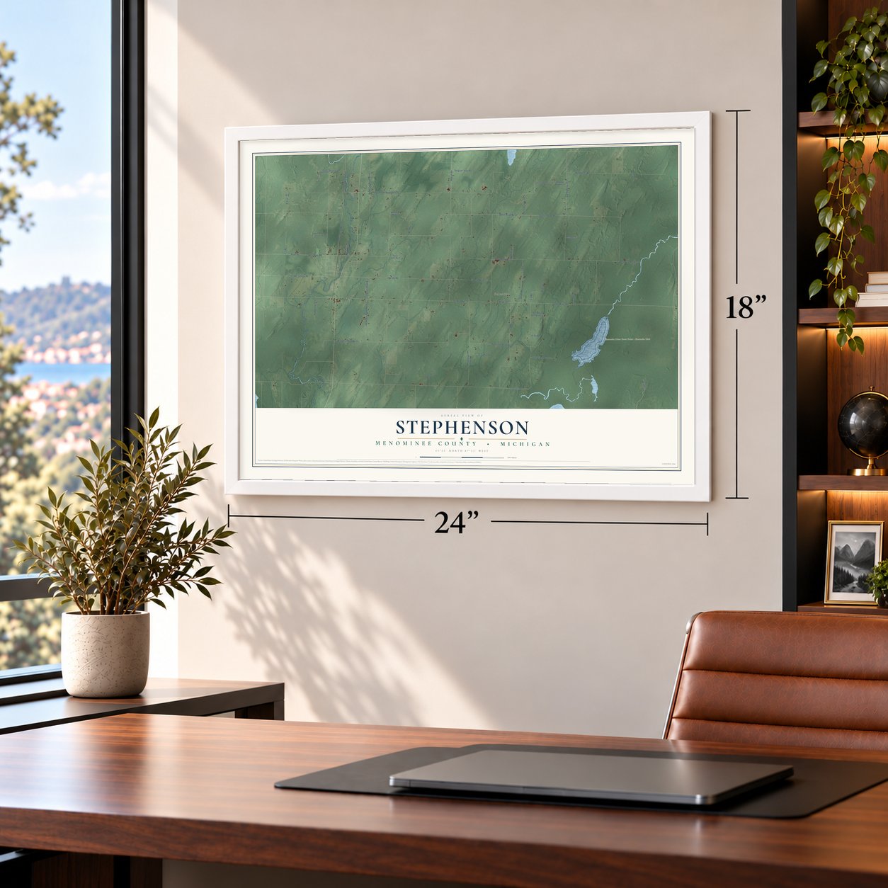 Stephenson, Menominee County, Michigan map, 18 x 24 inch print in a white frame in a home office