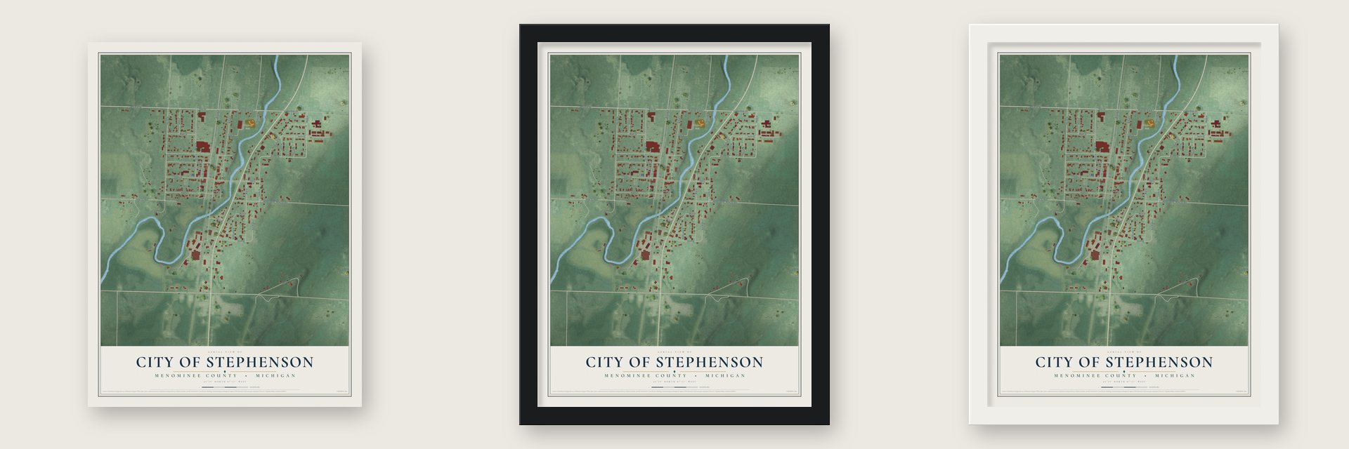 Stephenson, Michigan map unframed, in a black wood frame and in a white wood frame