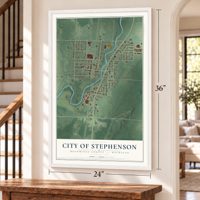 Stephenson, Michigan map, 24 x 36 inch print in a white frame by a staircase