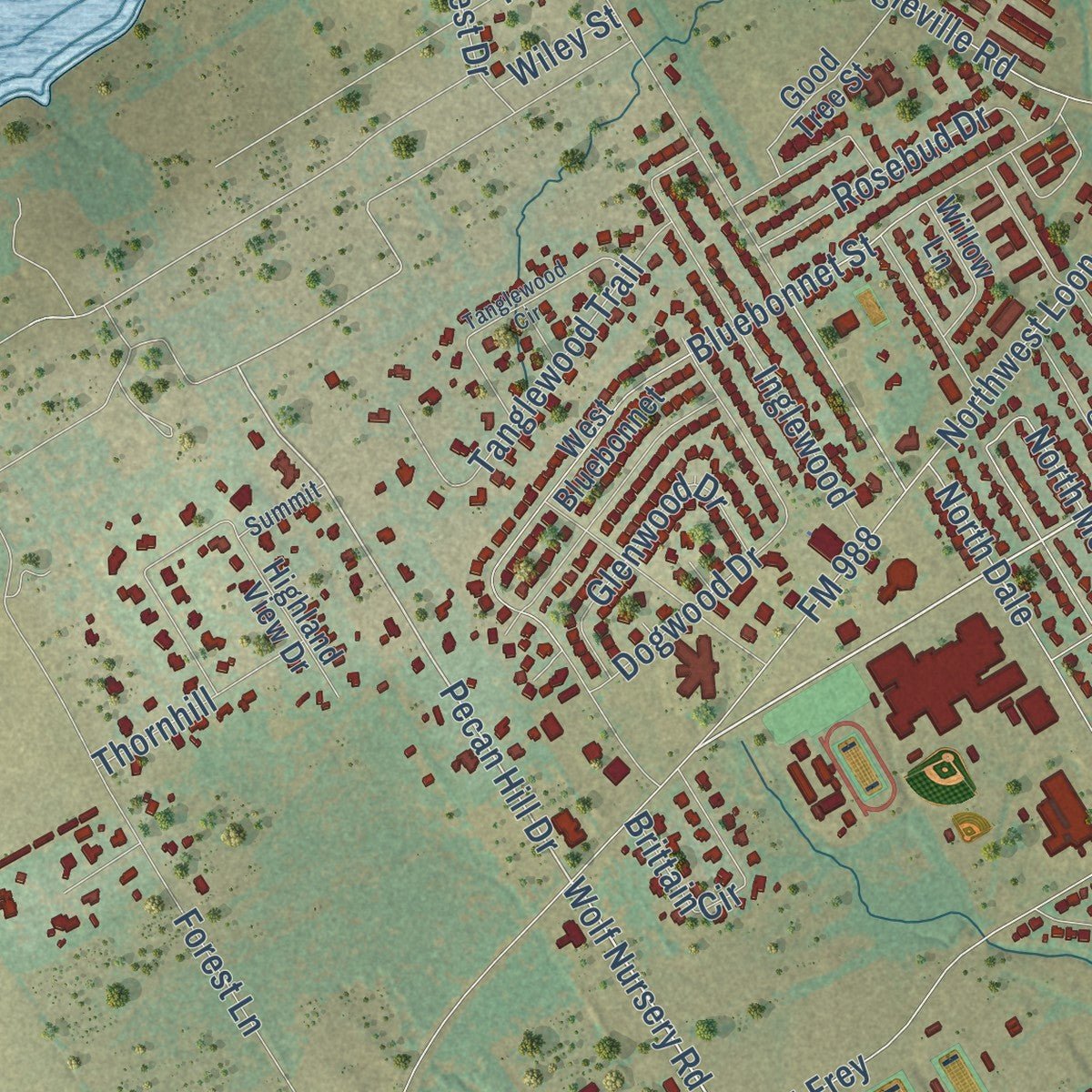 Second close-up of the map of Stephenville, Texas print showing more streets and buildings