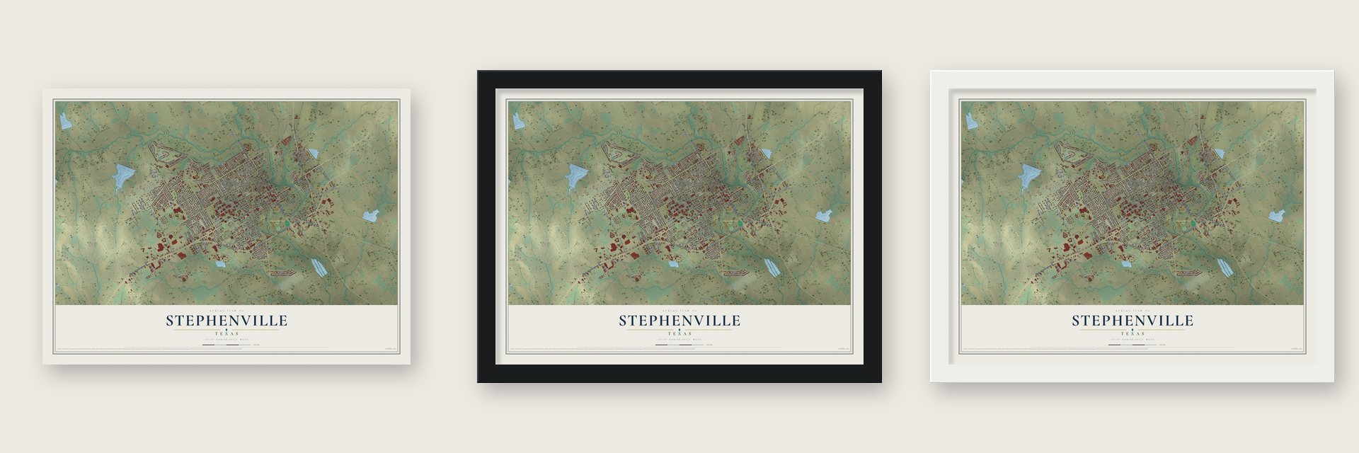 Stephenville, Texas map unframed, in a black wood frame and in a white wood frame