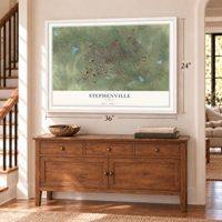 Stephenville, Texas map, 24 x 36 inch print in a white frame above a dresser by a staircase