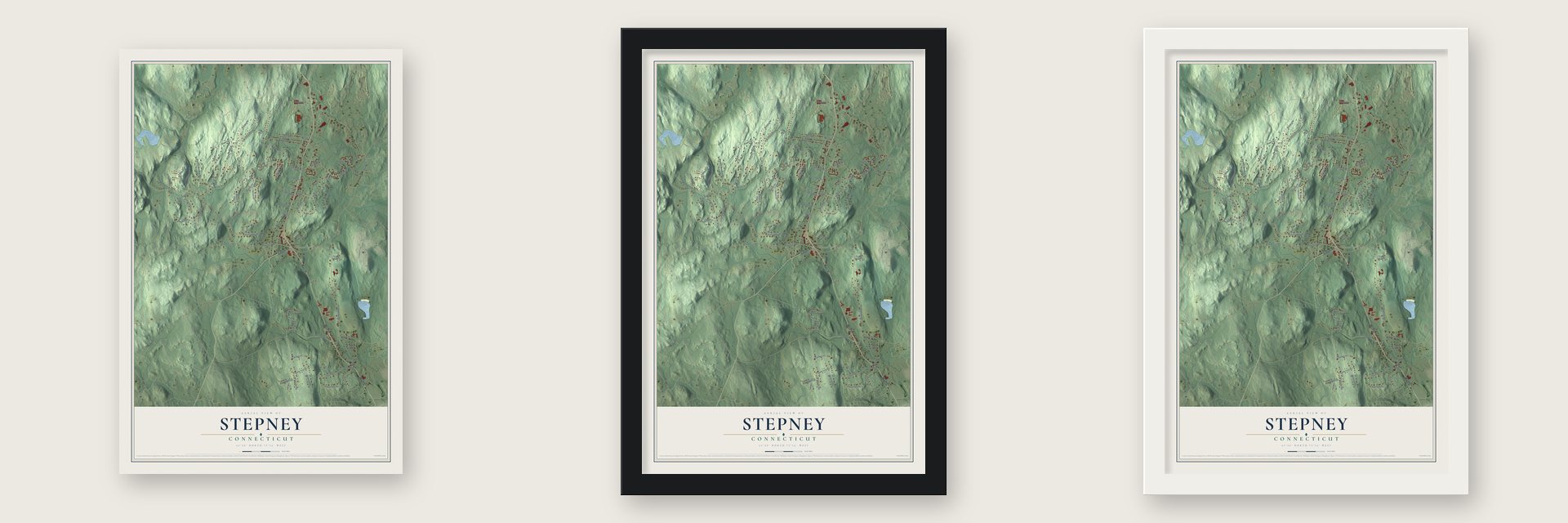Stepney, Connecticut map unframed, in a black wood frame and in a white wood frame