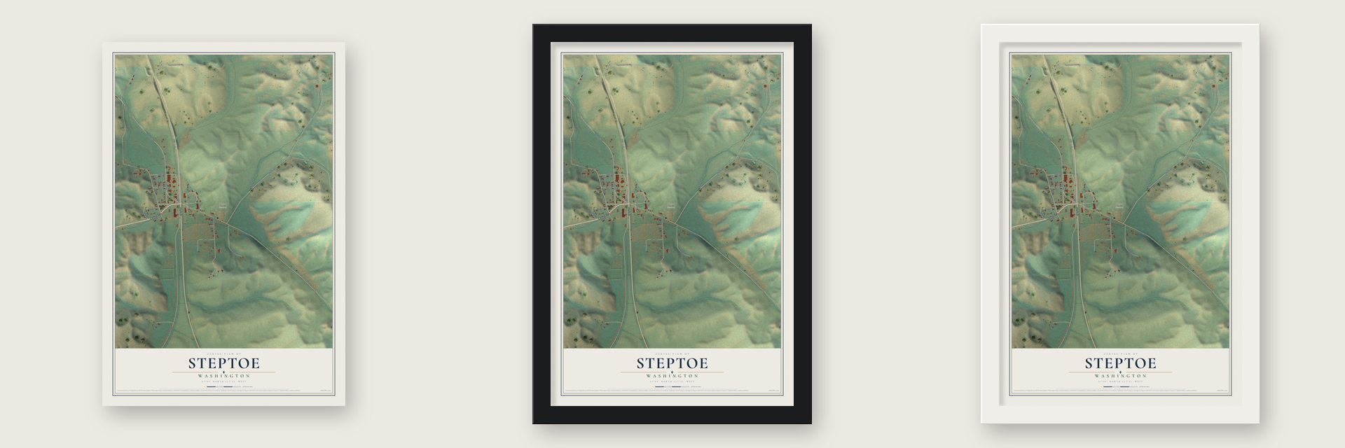 Steptoe, Washington map unframed, in a black wood frame and in a white wood frame