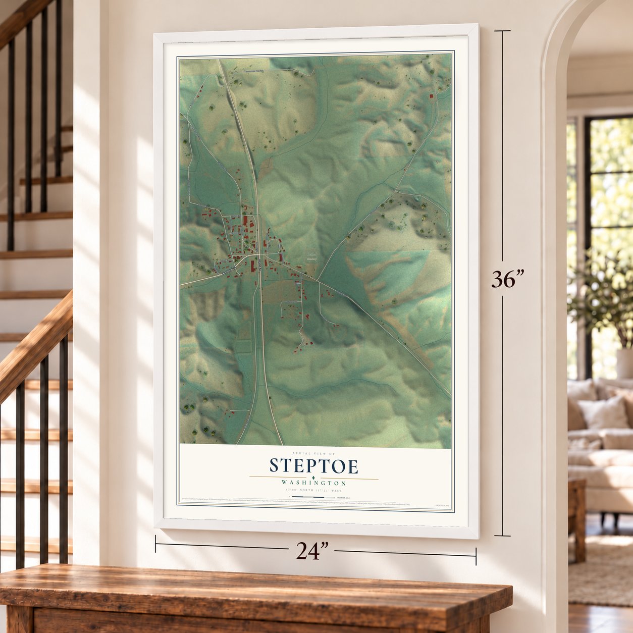 Steptoe, Washington map, 24 x 36 inch print in a white frame by a staircase