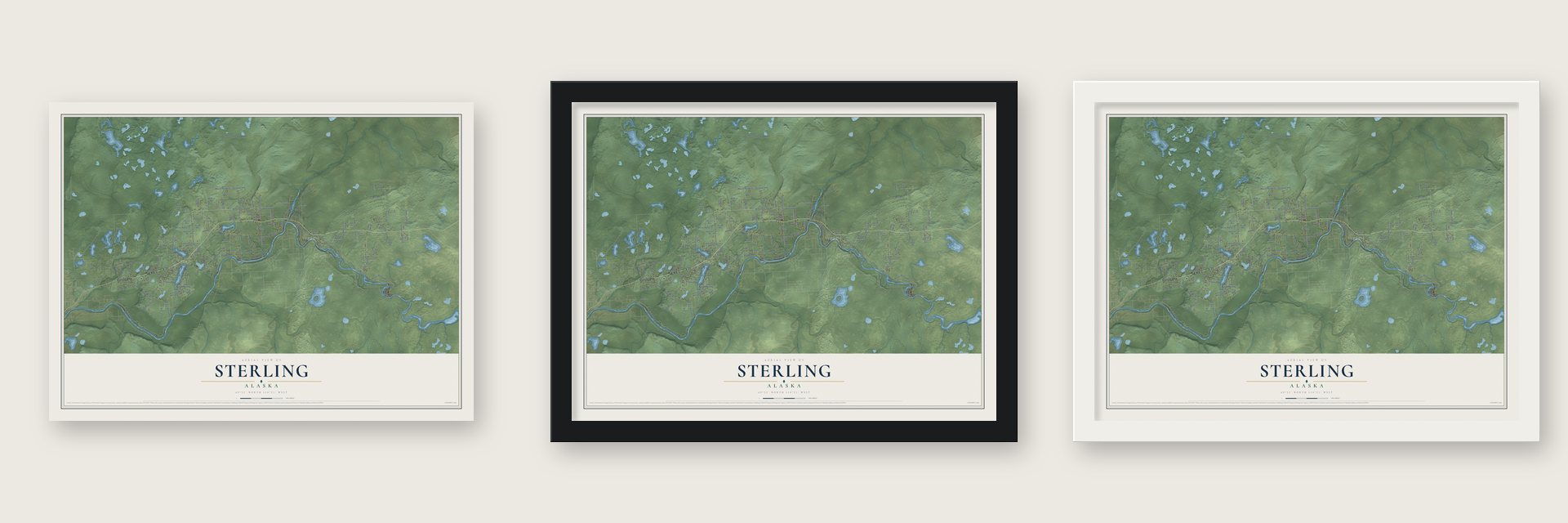 Sterling, Alaska map unframed, in a black wood frame and in a white wood frame