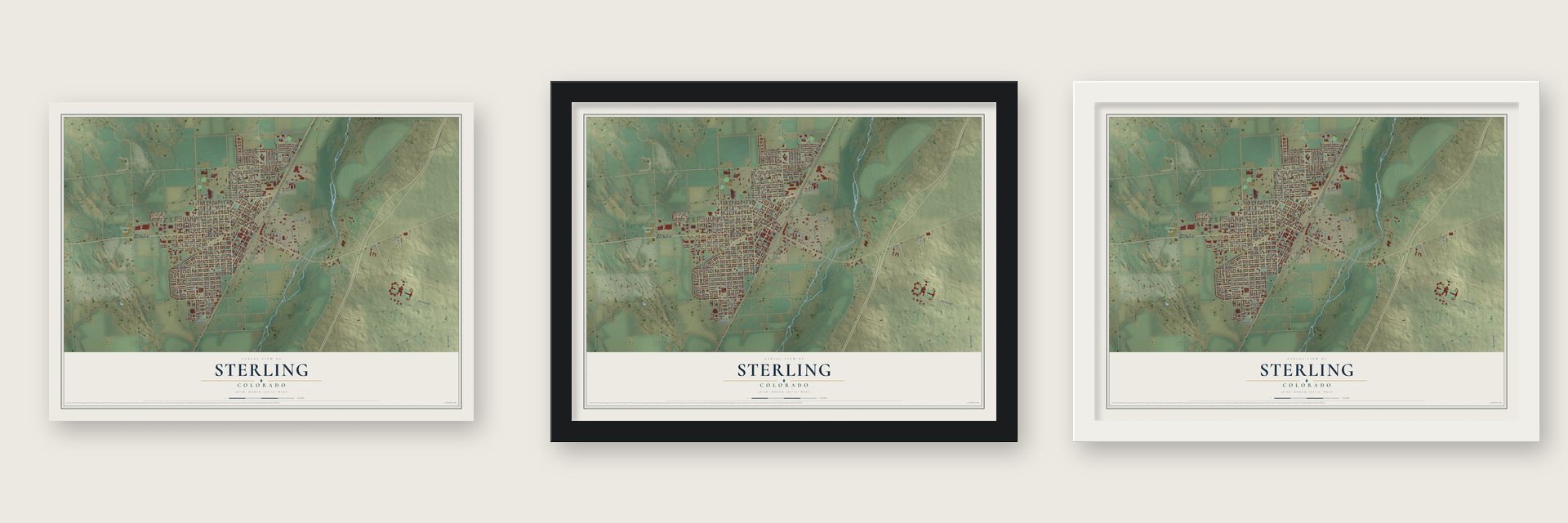 Sterling, Colorado map unframed, in a black wood frame and in a white wood frame