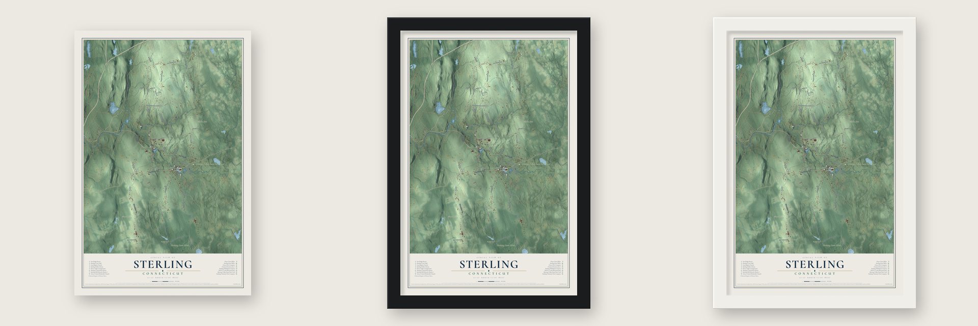 Sterling, Connecticut map unframed, in a black wood frame and in a white wood frame
