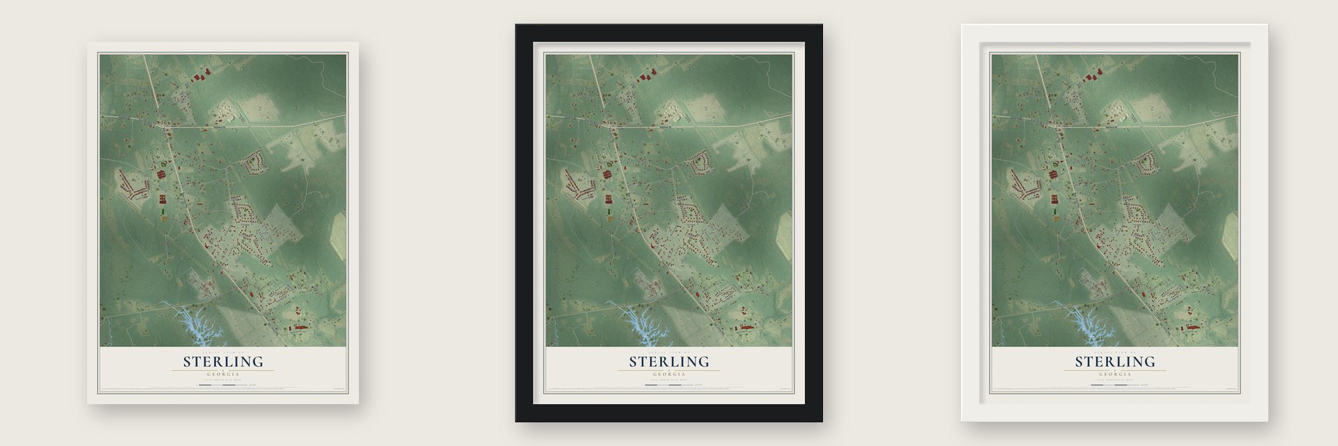 Sterling, Georgia map unframed, in a black wood frame and in a white wood frame