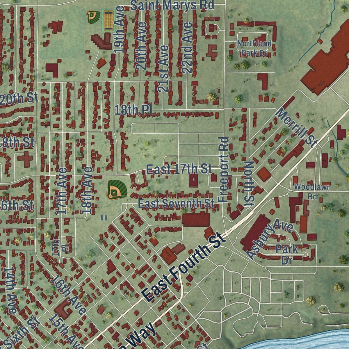 Second close-up of the map of Sterling, Illinois print showing more streets and buildings