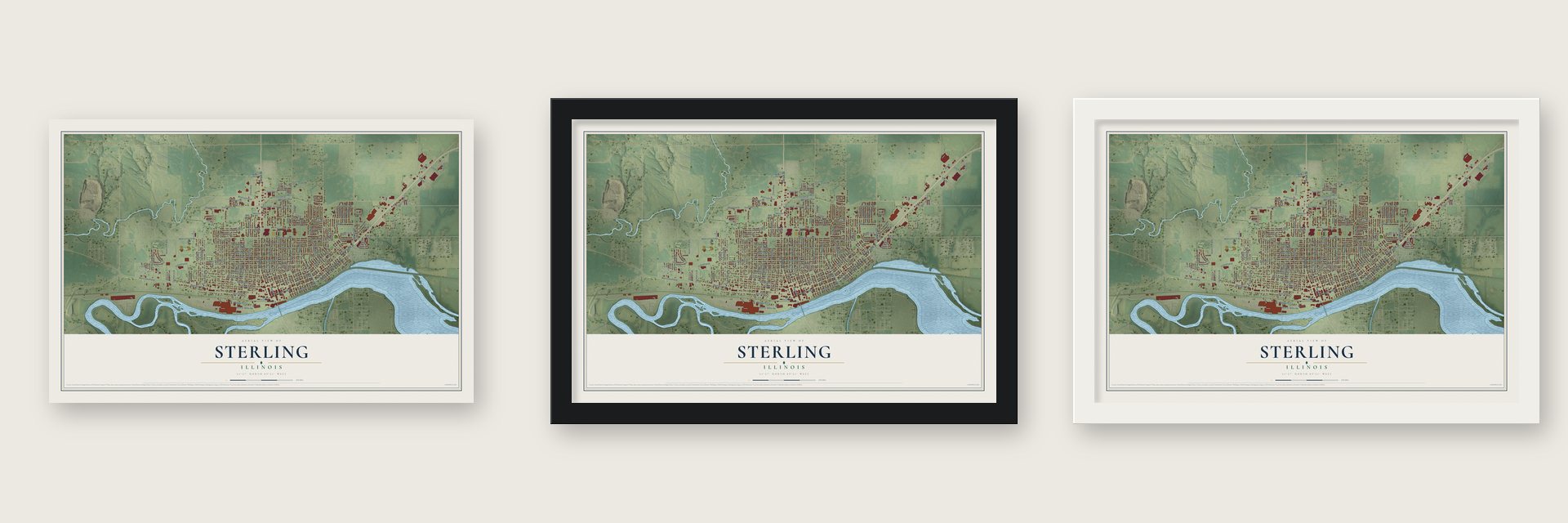 Sterling, Illinois map unframed, in a black wood frame and in a white wood frame