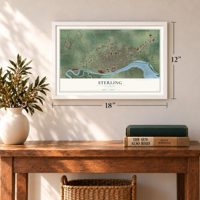 Sterling, Illinois map, 12 x 18 inch print in a white frame in an entryway